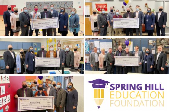  Collage of teachers receiving grant checks from board members